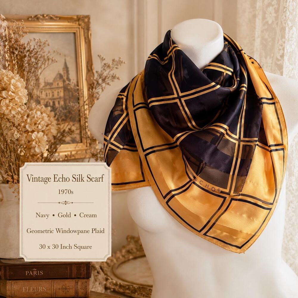 Vintage Echo Silk Scarf 1970s Navy Gold Cream Geometric Windowpane Plaid 30x30